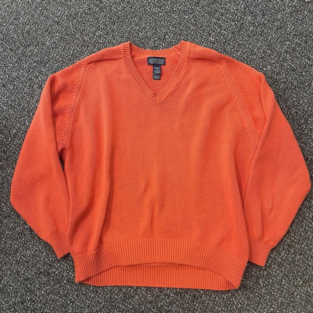 Lands End Vintage 1990s Pullover Orange Sweater Womans Large Knit V Neck